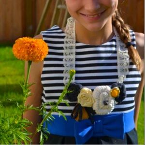 Handmade Spring Fall statement fabric roses leaf bib necklace cream lace mustard